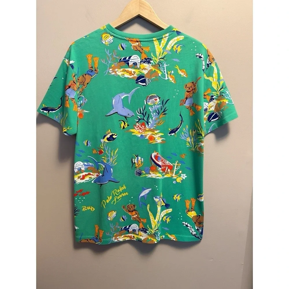 Polo Ralph Lauren Shirt Mens Size L Green Bear Snorkeling Ocean Marine Print Tee